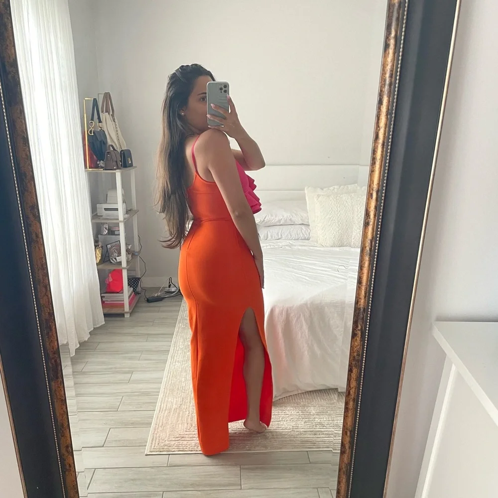 SIS Label Simona Orange & Pink Ruffle Bandage Maxi Dress | Size Small